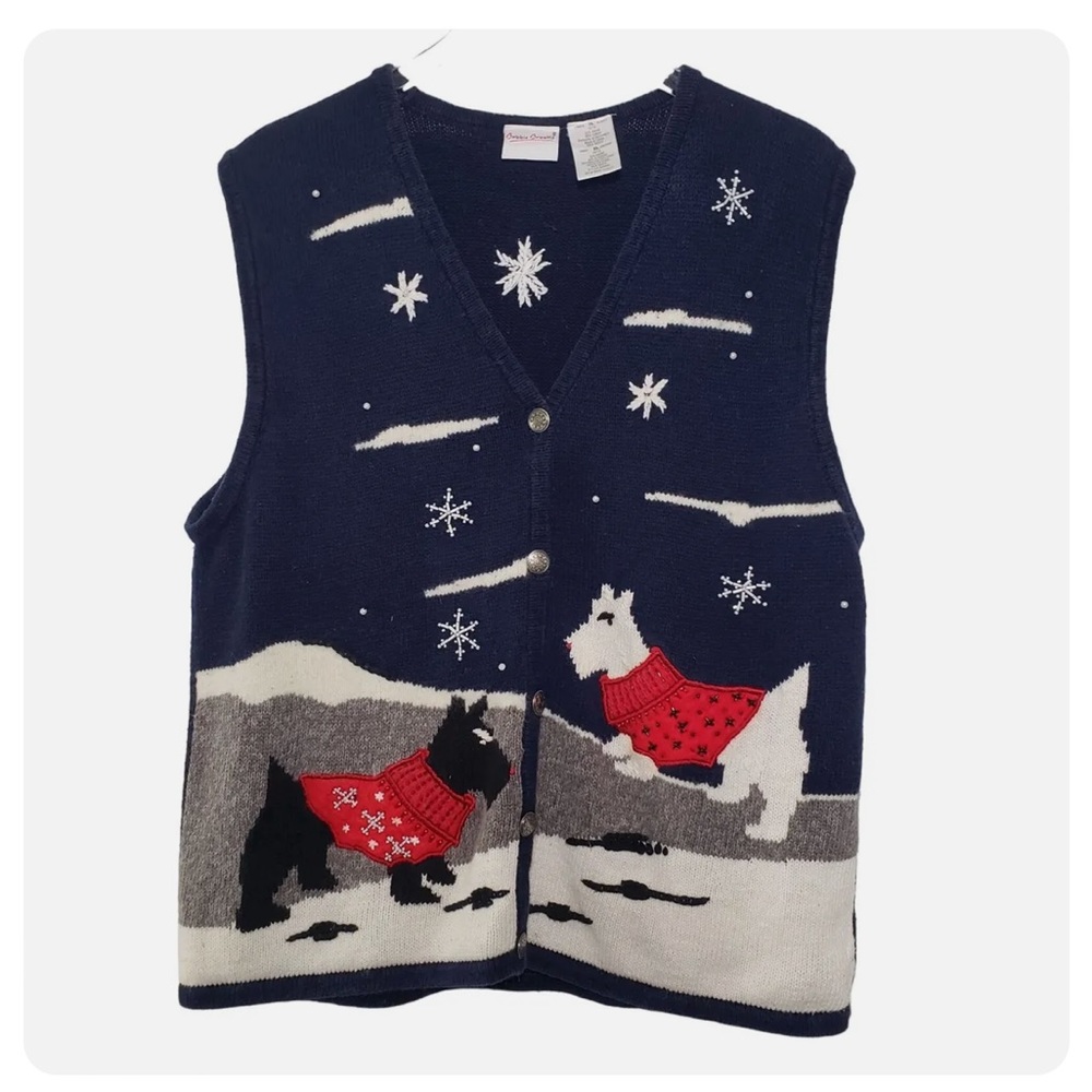 Vintage Bobbie Brooks Blue Button Up Christmas Winter Sweater Vest XL